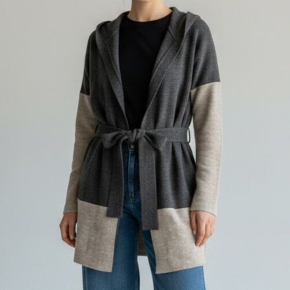 Paraphrase Wool Belted Hooded Cardigan Sweater Women Small Gray Minimalist